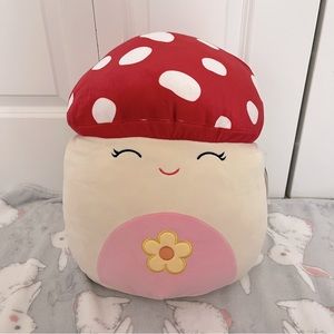 14” Sakina the Red Mushroom Squishmallow with Yellow Floral Flower on Belly